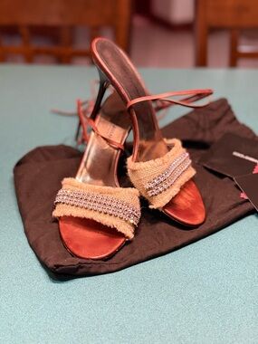 Dolce & Gabbana Brown Strappy Heels with Rhinestone Fringe